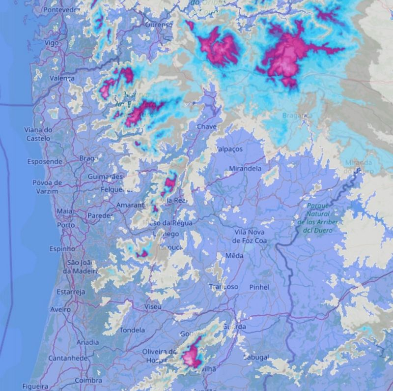 Previsões de queda de neve, chuva ou vento fortes e agitação marítima.